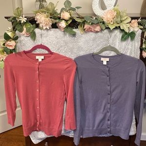 2 Loft cardigans size extra small in blue gray and salmon color.